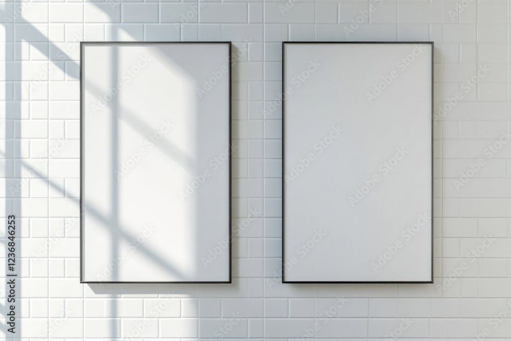 Poster hyper-realistic tiled restroom wall design featuring two identical blank canvases illuminated by nat