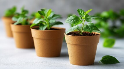 Fototapeta premium Young Green Plants in Brown Eco Friendly Pots Growing Seedlings Gardening Concept