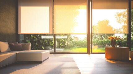 Fototapeta premium An artistic view of a smart home with automated blinds adjusting to the sunlight, Home automation scene, Minimalist style