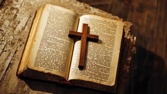 Open bible with wooden cross on desk in a quiet room at dusk creates a serene atmosphere for reflection