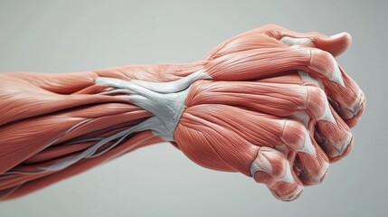 3D illustration of a human wrist with muscles and tendons Anatomy of the human body. 