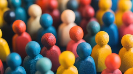 Diverse Crowd of Wooden Figures Representing Community and Individuality