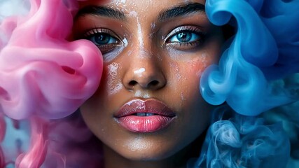 close up of woman face with glossy skin blue eyes and colorful smoke in beauty skincare and makeup concept, ai generated