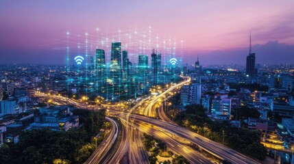 Fototapeta premium smart city at night with connected buildings and highways