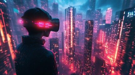 Person wearing VR headset, viewing futuristic cityscape at night.