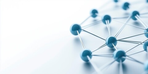 Abstract network of blue spheres connected by silver rods on a white background. Technology and communication concept
