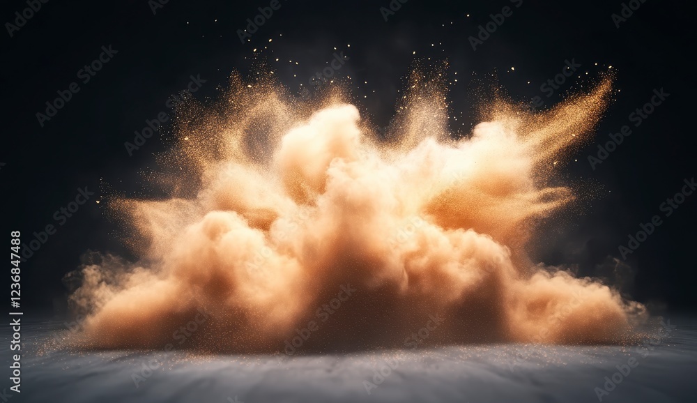 Poster abstract image of a tan and gold dust explosion against a dark background. the dust cloud is illumin