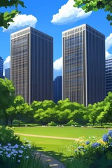 Obraz premium Two tall buildings stand majestically beside a vibrant green park, showcasing a picturesque urban landscape on a sunny day. Lush green trees and