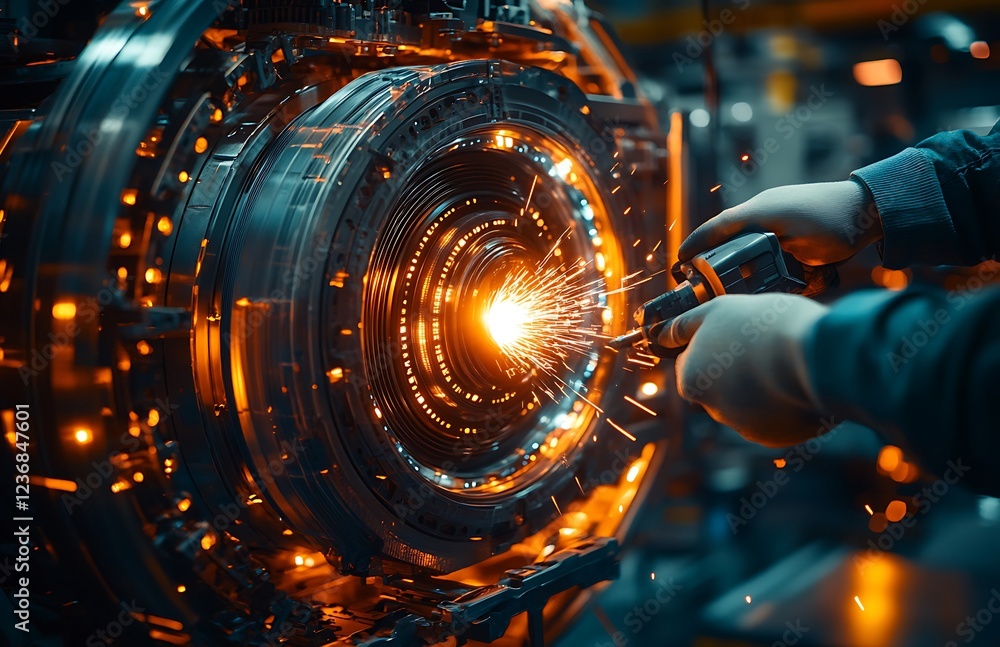Poster close-up of a worker using a grinder on a complex metallic structure, creating bright sparks.