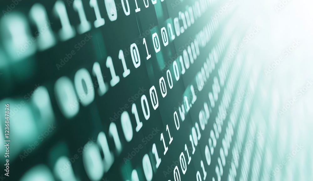 Poster abstract close up shot of teal binary code on a screen, shallow depth of field, digital technology c