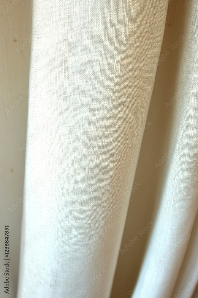 Poster close up of textured off white curtains, showing vertical folds and subtle light patterns. the fabri