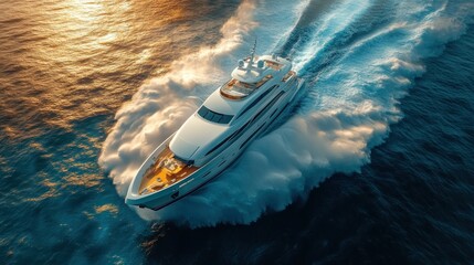 Luxurious yacht speeds through ocean at sunset