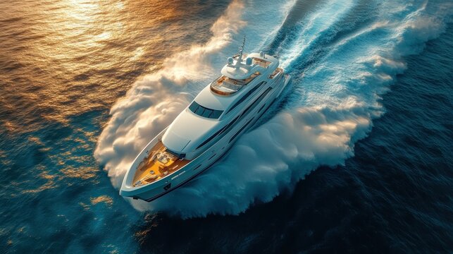 Luxurious yacht speeds through ocean at sunset