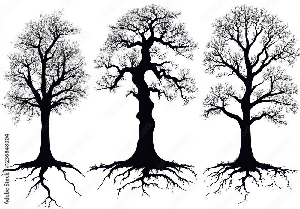 Poster three detailed black silhouettes of leafless trees with exposed roots against a white background. th