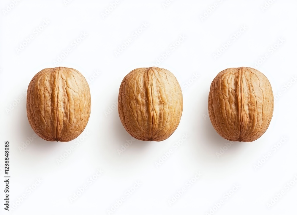 Poster three walnuts arranged in a row against a white background. the image is a close up shot, showcasing