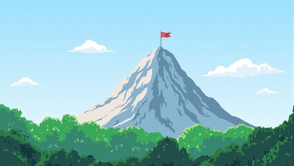 Obraz premium Majestic mountain peak with red flag above green forest surrounded by drifting clouds