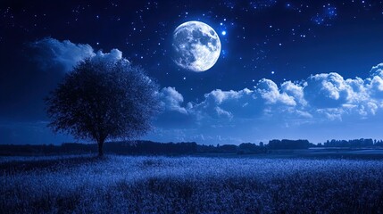 A serene nighttime landscape featuring a large full moon illuminating a beautiful blue sky filled with stars and wispy clouds. In the foreground, a solitary tree stands on a field of grasses, all bath