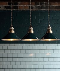 Obraz premium Three dark green pendant lights with gold accents hang above a white subway tile backsplash against a dark green brick wall. The lighting is soft and