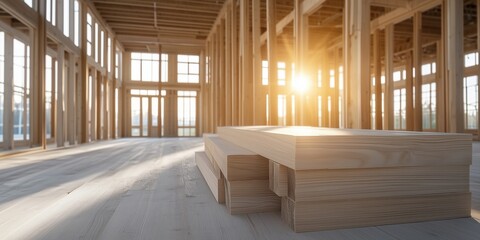 Sunlit wooden beams and stacked planks inside a building under construction. Sustainable architecture and eco-friendly construction
