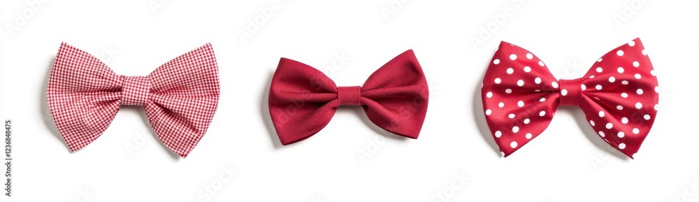 Poster three red bow ties on a white background. each bow tie shows a different pattern one with a textured