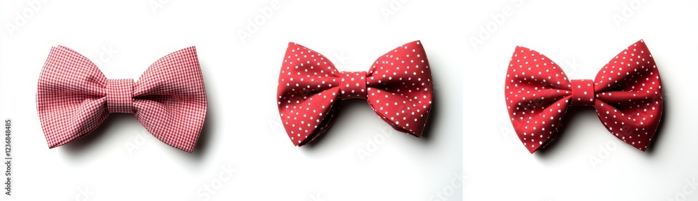 Poster three red fabric bow ties with different patterns on a white background. one has a white polka dot p