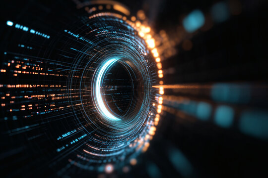 Digital tunnel of swirling data streams and glowing lights.