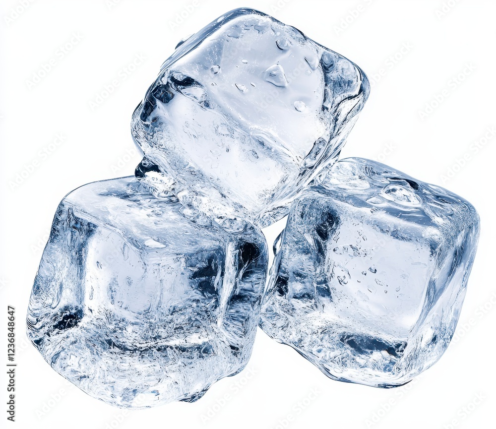 Aufkleber three translucent ice cubes on a white background. the ice cubes are clustered together, showing the