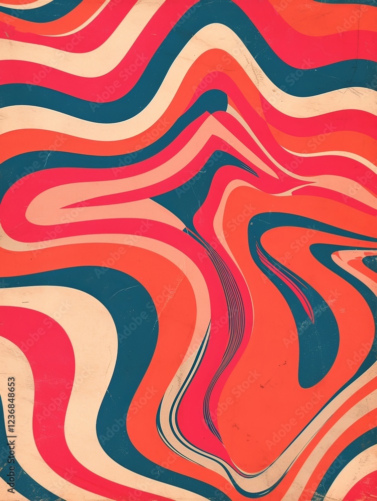 Poster a dynamic red and pink pattern with orange rays or spirals in the center