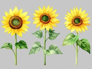 Three vibrant watercolor sunflowers with green leaves against a gray background. The sunflowers are depicted in full bloom, showcasing their yellow