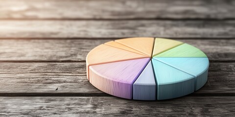 Wooden circular pie chart segments arranged on a rustic wooden surface, symbolizing analytics and data representation. Statistics and presentation.