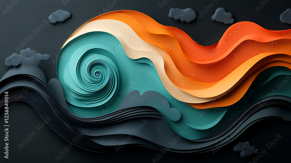Poster Dynamic rainfall visualization abstract design digital artwork modern environment curvilinear form conceptual representation for weather patterns