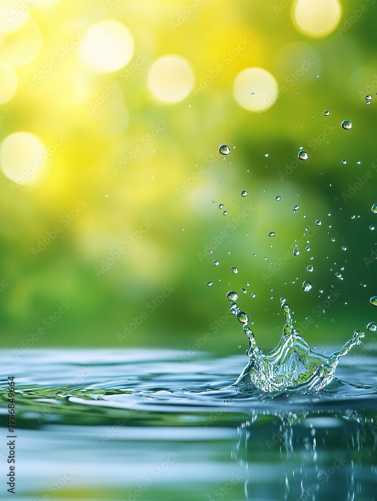 Poster water droplets splashing on a water surface with a green and yellow bokeh background, an abstract na