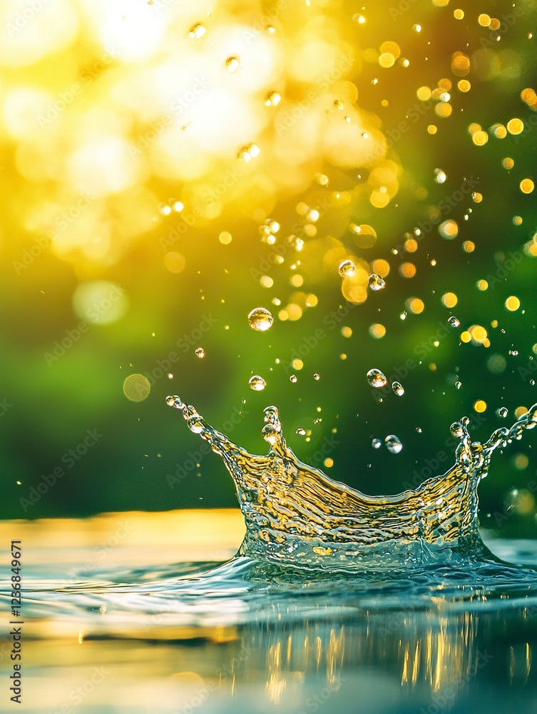 Poster water droplets splashing on a water surface with a green and yellow bokeh background, an abstract na