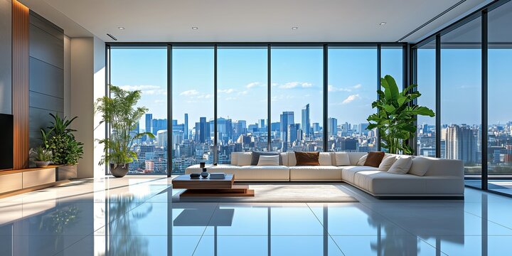 Spacious modern penthouse living room with floor-to-ceiling glass windows, luxury apartment
