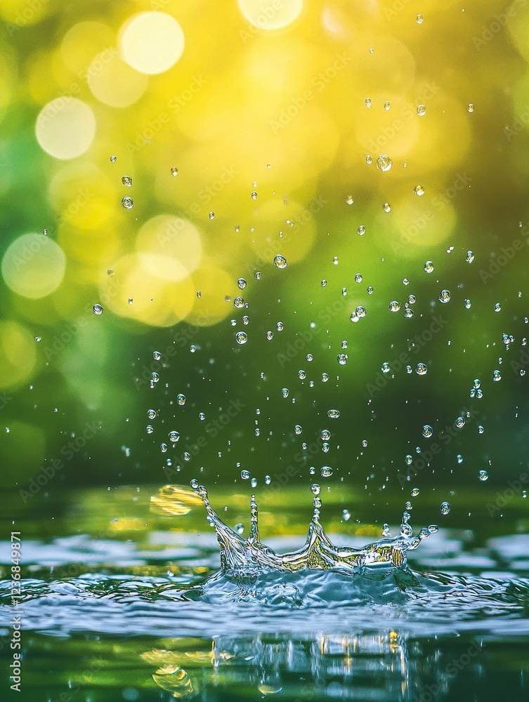 Poster water droplets splashing on a water surface with a green and yellow bokeh background, an abstract na