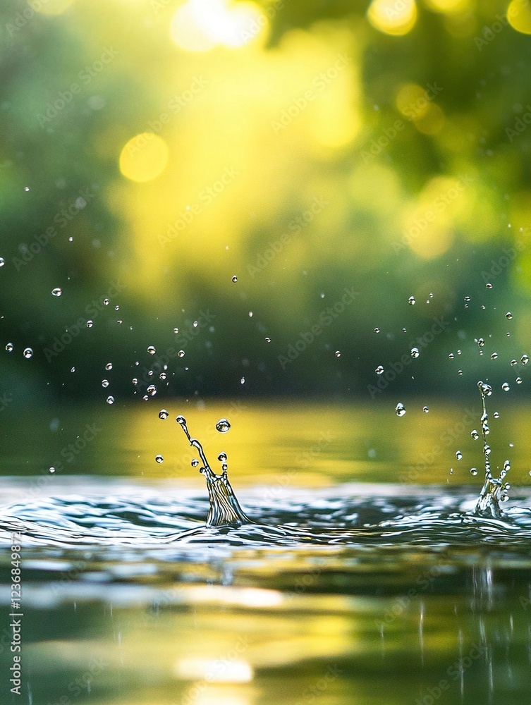 Poster water droplets splashing on a water surface with a green and yellow bokeh background, an abstract na