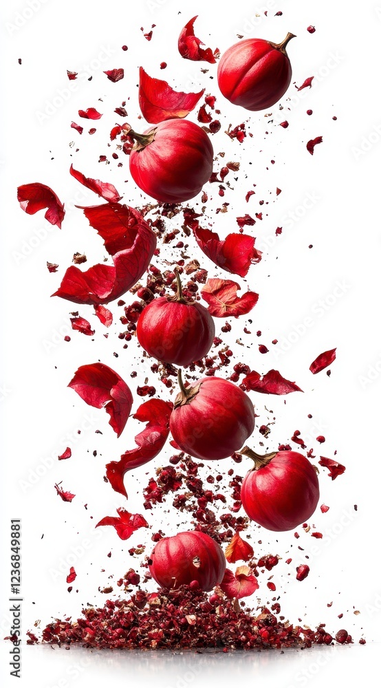 Poster Red berries and petals explode against a white background in a dynamic vertical composition. The image features a vibrant splash of color and motion