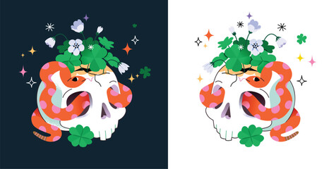 Human skull with snake inside clover and shamrock flowers. Vector illustration. Cartoon style