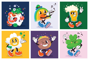 Collection of cartoon characters celebrating st patrick day. Vector illustration