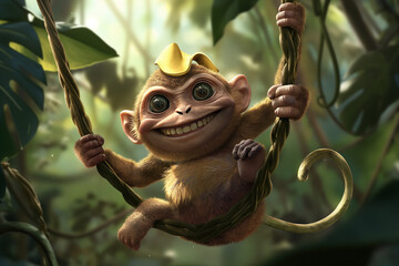 A cartoon-style image of a silly monkey swinging energetically from vine to vine, with a playful grin on its face