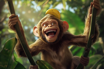 A cartoon-style image of a silly monkey swinging energetically from vine to vine, with a playful grin on its face