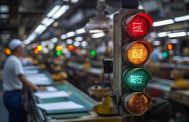 Factory traffic light showing green with blurred background of workers and machinery.