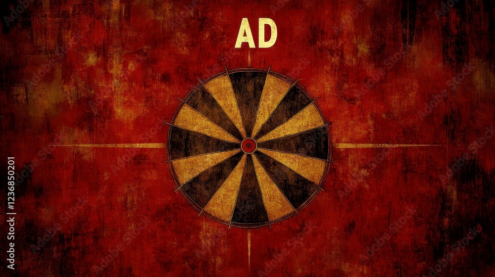 Poster close up view of a vintage dartboard with black and gold segments, centered on a dark red textured b