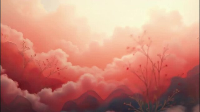 Vibrant sunset over hills adorned with delicate flowers amidst soft, colorful clouds.