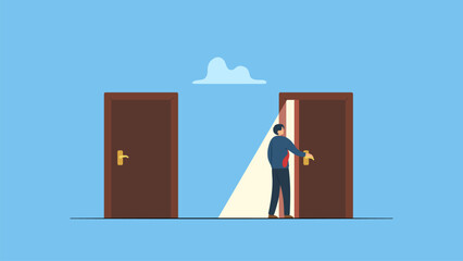 Businessman enters another door to new opportunity, Change job, career transition or move to new opportunity, employee turnover, resignation or leave company, new job, employment, recruitment concept.