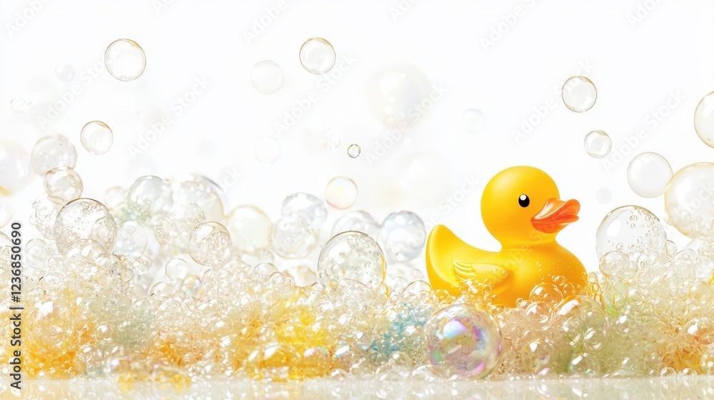 Poster yellow rubber duck floating in air surrounded by bubbles with soft focus effect for fun imagery and 