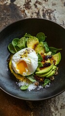 Bowl with avocado, poached egg, and fresh spinach. A nutritious and protein-rich breakfast, perfect for a healthy lifestyle and balanced diet.