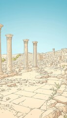 Fototapeta premium Intricate line drawing of nitzana archaeological site featuring beige columns and desert ruins
