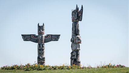 Contemporary totem pole with angular animal carvings in serene field with wildflowers