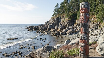 Obraz premium Unique totem pole on rocky shore geometric carvings in earth tones waves in background